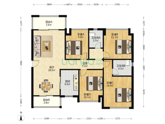 宁乡美的城 4室1厅2卫 138平方