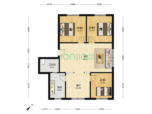 邮电公寓 3室2厅1卫 97平方
