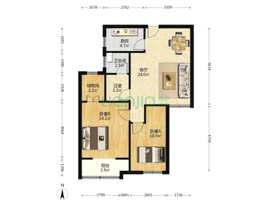 麒麟紫荆城青西苑 2室1厅1卫 90平方