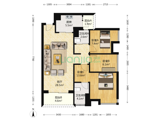 金沙半岛 3室1厅2卫 91平方