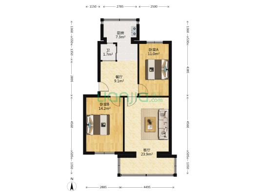 蓝新街 2室2厅1卫 80平方