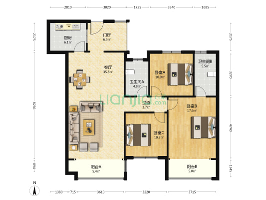 沃家苑 3室1厅2卫 131平方