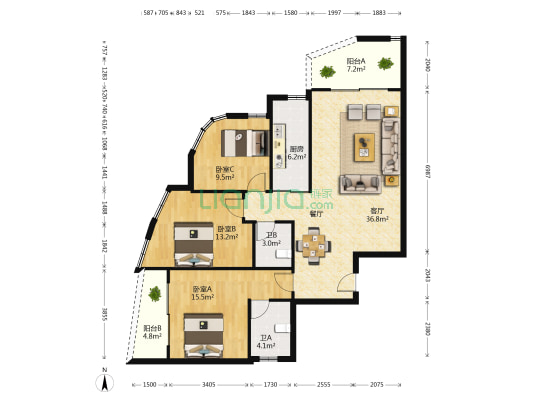 东长小区 3室1厅2卫 126平方