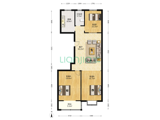 东晨阳光 3室1厅1卫 128平方