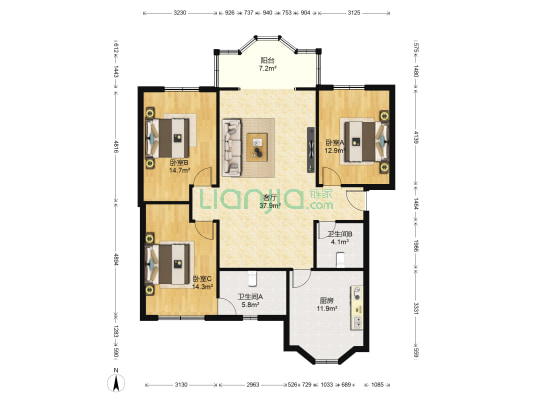 锦华苑(天府新区) 3室1厅2卫 117平方