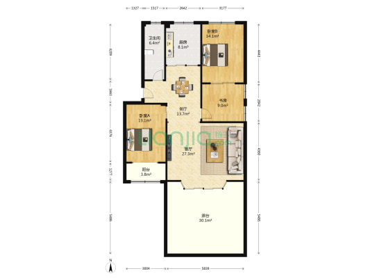 龙桥广场小区 3室2厅1卫 120平方