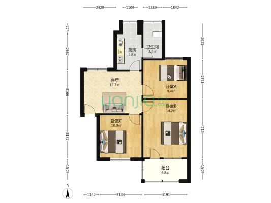 赤岗村军干所 3室1厅1卫 71平方