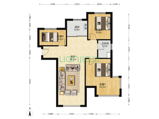 精装修 南北通透3居 拎包入住 满二 带家具家电-户型图
