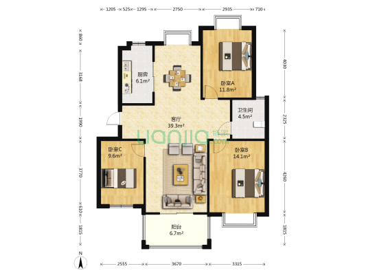福地清华苑 3室1厅1卫 114平方