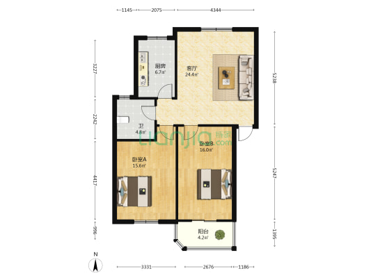 枫丹白露 2室1厅1卫 87平方
