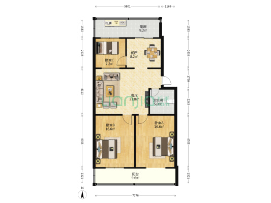 小店骨科医院宿舍 3室2厅1卫 112平方