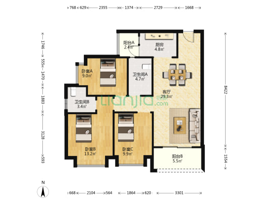 湖心岛1号花园 3室1厅2卫 104平方