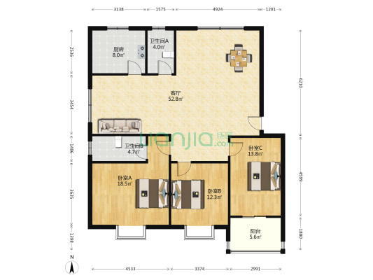 裕丰小区 3室1厅2卫 139平方