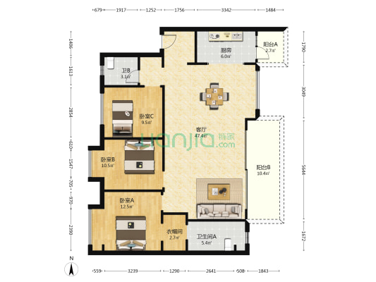 粼江樾 3室1厅2卫 129平方