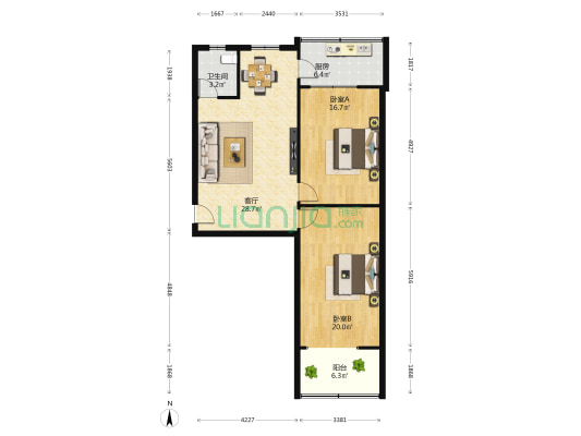 河北鸣鹿服装集团公司宿舍 2室1厅1卫 93平方