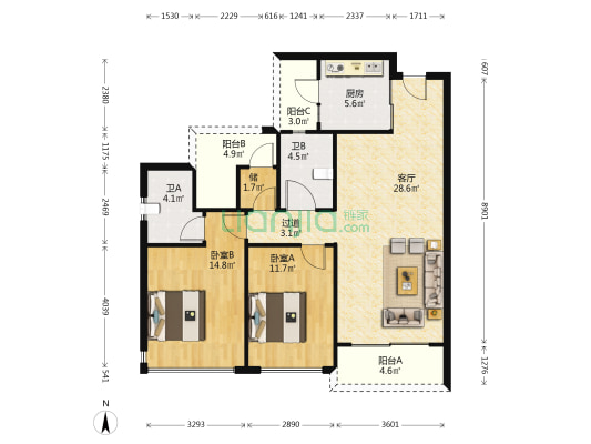 新希望锦官半岛 2室1厅2卫 105平方