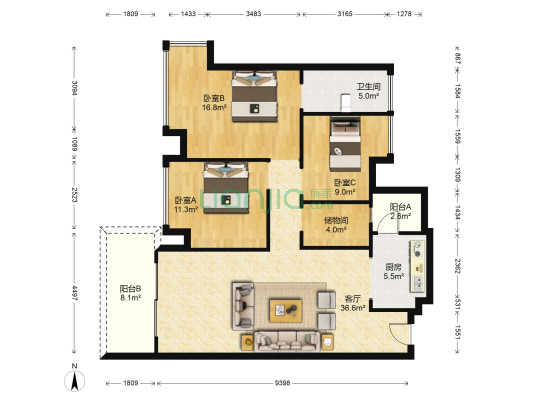 万景豪庭 3室1厅1卫 103平方