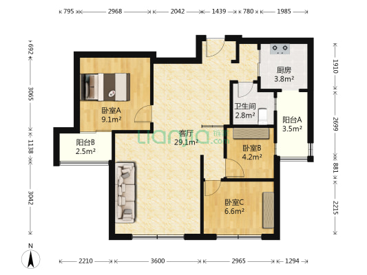 华茂小米公寓 3室1厅1卫 91平方