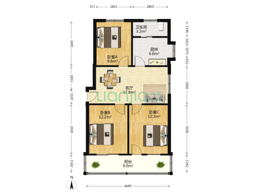粮食局宿舍 3室1厅1卫 80平方