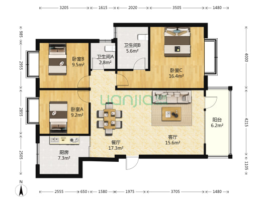 丰宁家园 3室2厅2卫 115平方