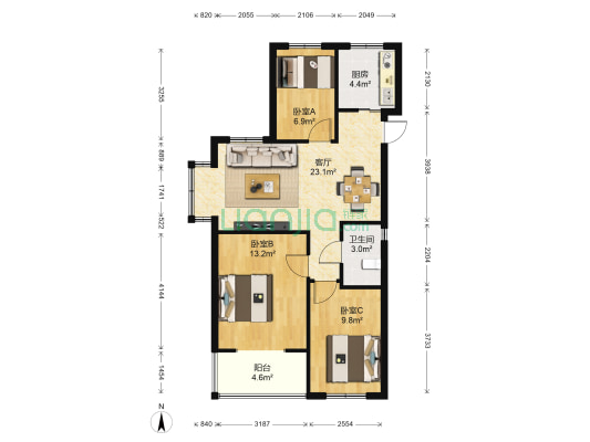 洲岛家园悦江苑 3室1厅1卫 85平方