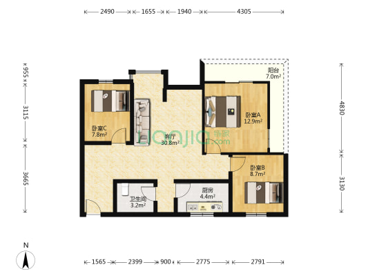 凡尔赛宫 3室1厅1卫 92平方