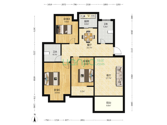 东升南区 3室2厅2卫 103平方