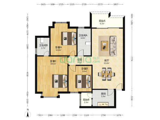 润城大厦 3室1厅2卫 123平方