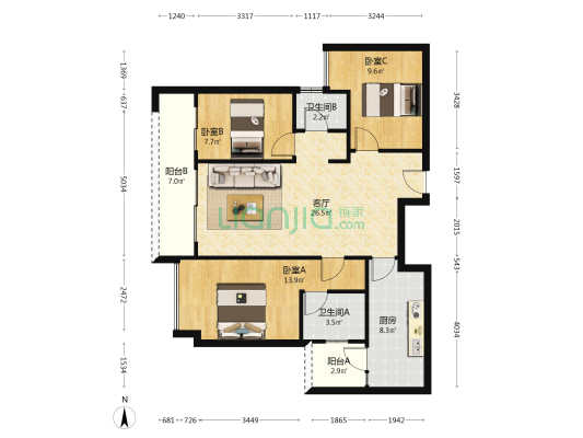 金科南山 3室1厅2卫 98平方