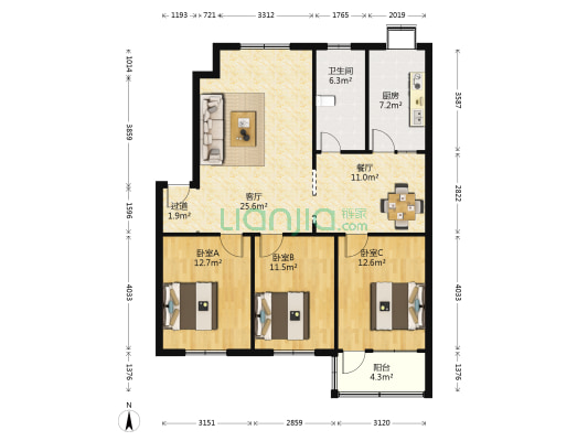 伊河路29号院 3室2厅1卫 109平方