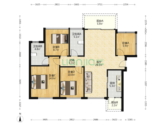 龙光玖龙花园 4室1厅2卫 114平方