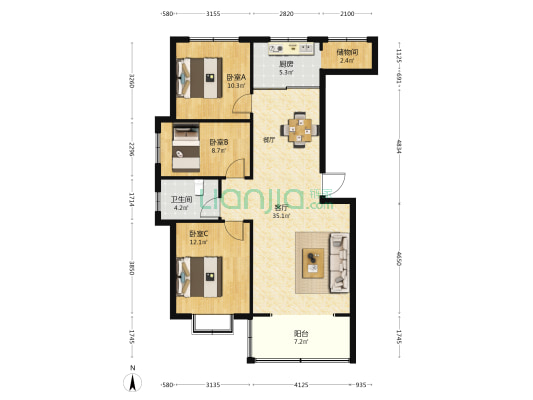 尧王山花园 3室1厅1卫 110平方
