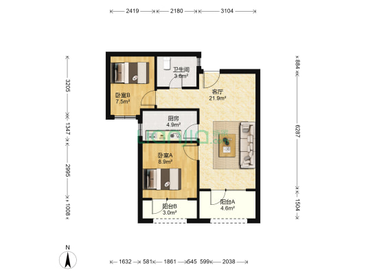 银盛泰泰馨苑 2室1厅1卫 74平方