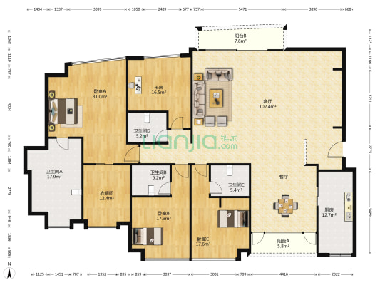 中粮海景壹号 4室1厅4卫 340平方