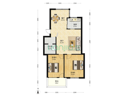 岳峰小区 2室2厅1卫 86平方