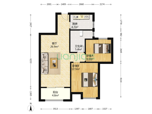 龙湖紫都城南区 2室1厅1卫 80平方