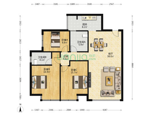 长水航城云杉苑 3室1厅2卫 120平方