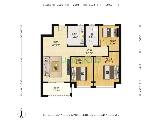 金辉世界城I区 3室1厅1卫 93平方