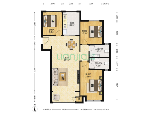 融创海逸长洲三四期 3室1厅2卫 132平方