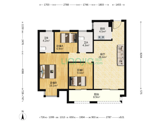 东悦里 3室1厅2卫 108平方