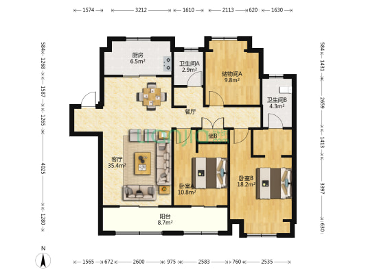 万科翡翠之光 2室1厅2卫 125平方