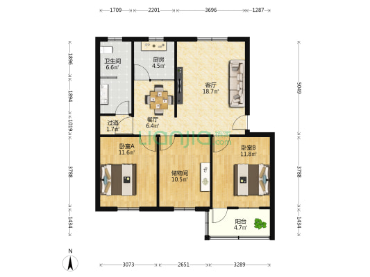 中山医院宿舍楼 2室2厅1卫 92平方