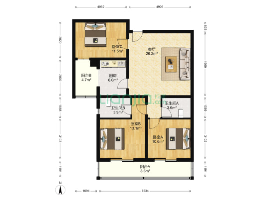 希格玛公寓 3室1厅2卫 122平方