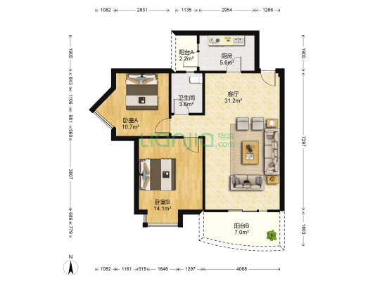 欧苑 2室1厅1卫 85平方