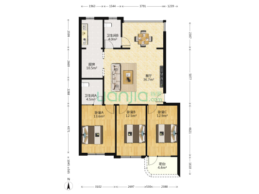 中铁花园 3室1厅2卫 118平方