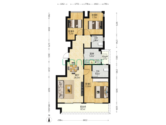 金地格林春岸二期 3室1厅2卫 92平方