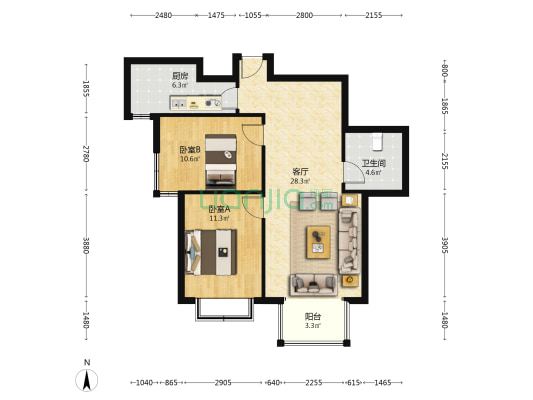 中高楼层，全天采光，房本满二 随时看房，自住装修-户型图