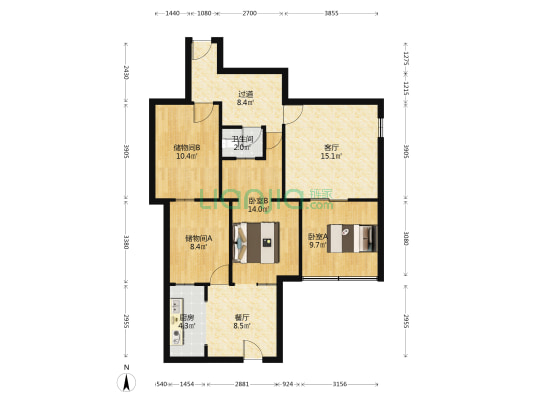 铁道部建厂局家属楼 2室2厅 南 北-户型图