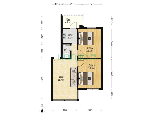 和平里 2室1厅1卫 55平方