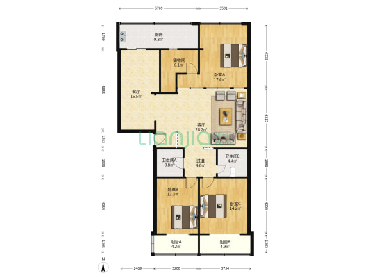山医大一院宿舍 3室2厅2卫 135平方